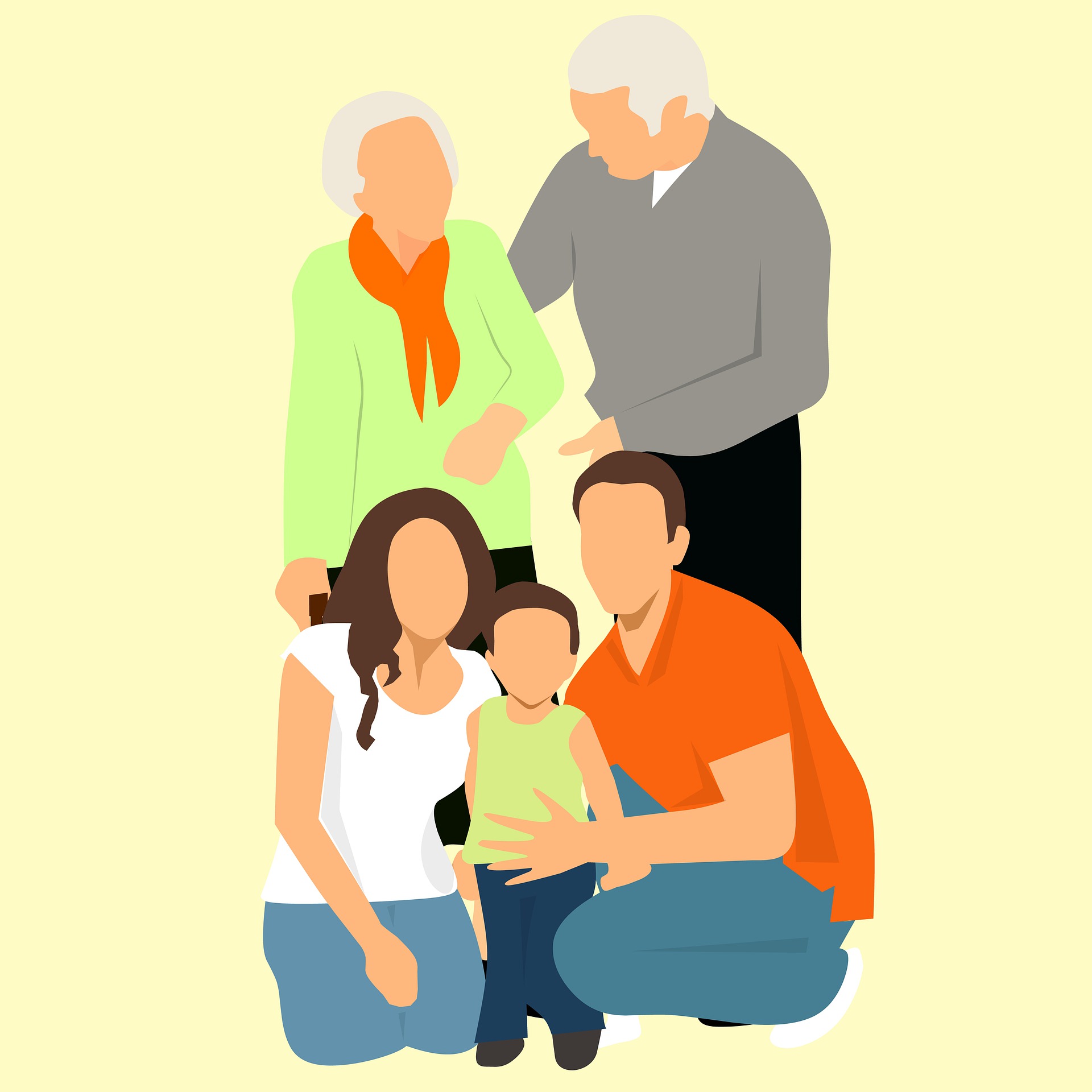 Gezin van herkomst is van belang in gezinstherapie. Hier is een tekening van opa en oma, met voor hen een vader en moeder (kinderen) die weer hun kind vasthebben.